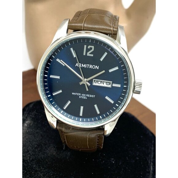 Armitron Men's Watch 20/5407SV Blue Dial Day Date Quartz Leather Strap 40mm - Picture 1 of 14